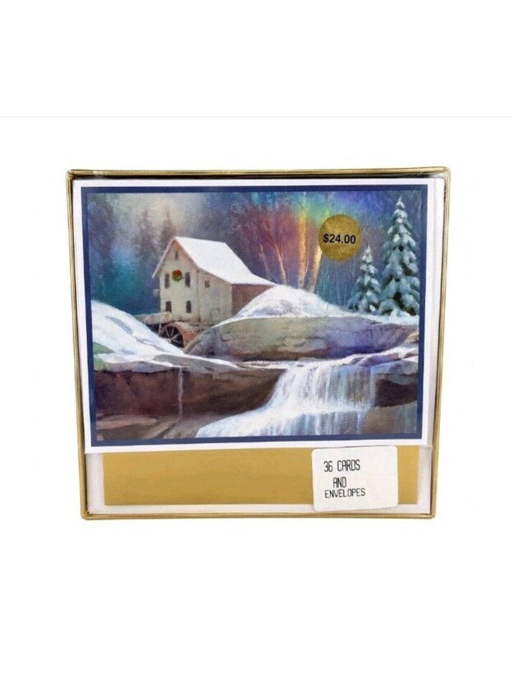 Vintage Christmas Cards 36 Box Set Water Wheel Winter Scene Envelopes NOS Sealed